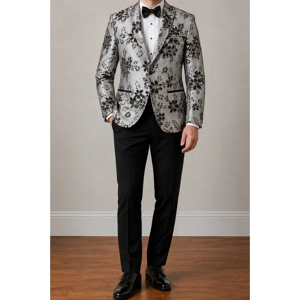 Floral Brocade Blazer Men 36R Cream Black Jacquard Prom Event Old‎ Money Party